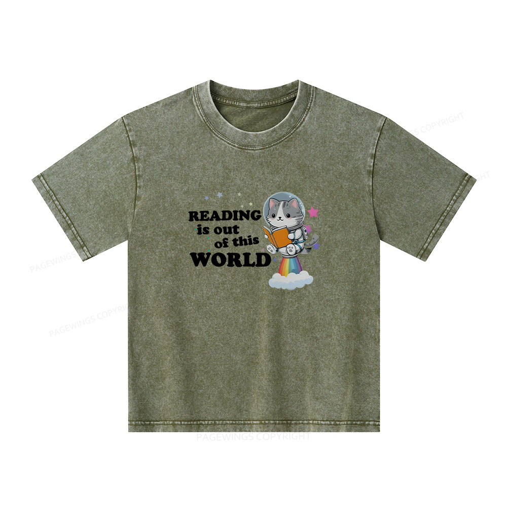 Pagewings Cat Reading in Space Unisex Kids Washed T-shirt