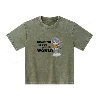 Pagewings Cat Reading in Space Unisex Kids Washed T-shirt