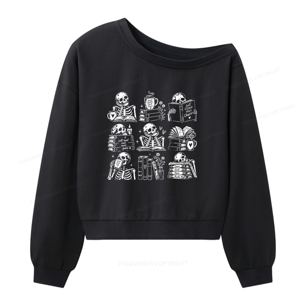 Pagewings Bookish Skeleton Women Off Shoulder Sweatshirt