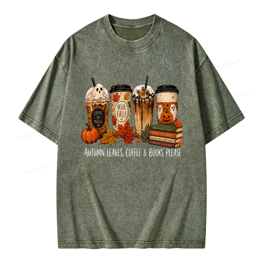 Pagewings Halloween Coffee Books Unisex Washed T-shirt