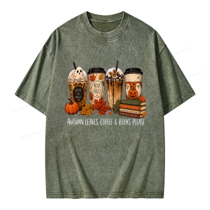 Pagewings Halloween Coffee Books Unisex Washed T-shirt
