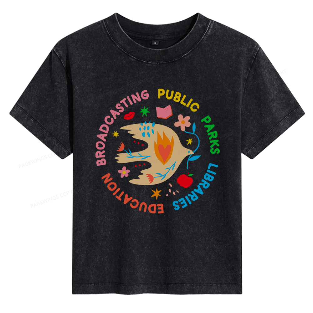 Pagewings Public Parks Libraries Education Broadcasting Women's Washed T-shirt
