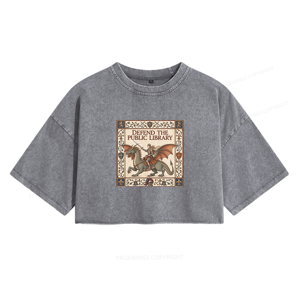 Pagewings Defend the Public Library Women's Washed Cropped T-shirt