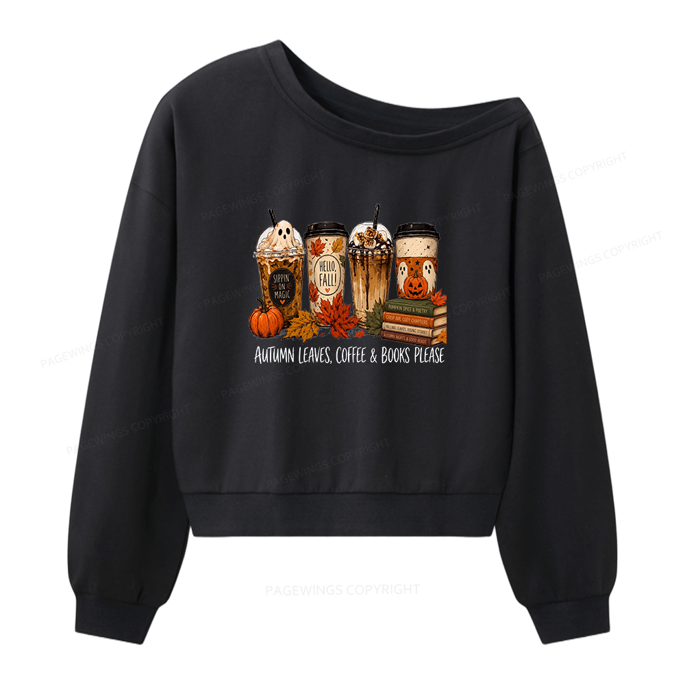 Pagewings Halloween Coffee Books Women Off Shoulder Sweatshirt