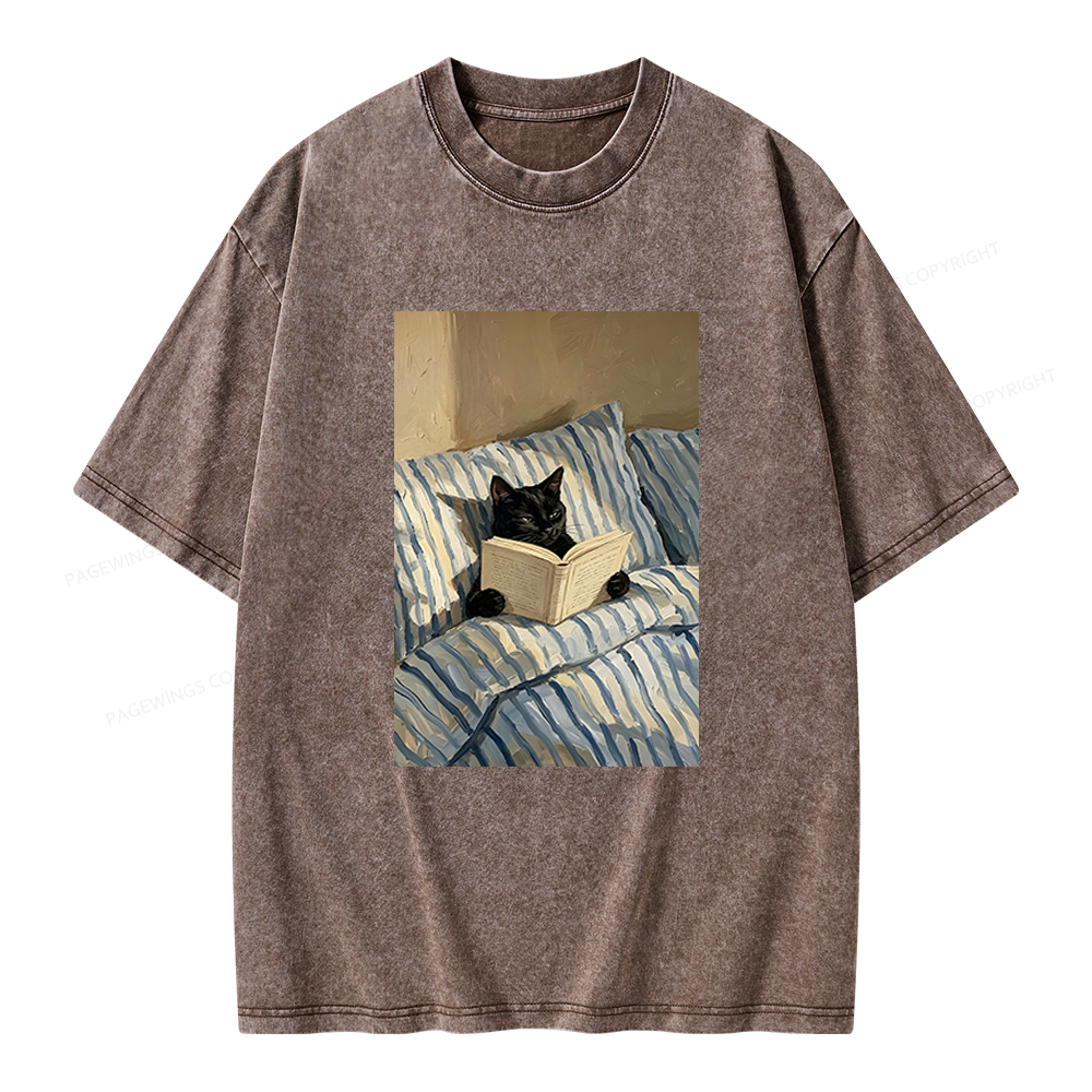 Pagewings Black Cat Reading in Bed Unisex Washed T-shirt