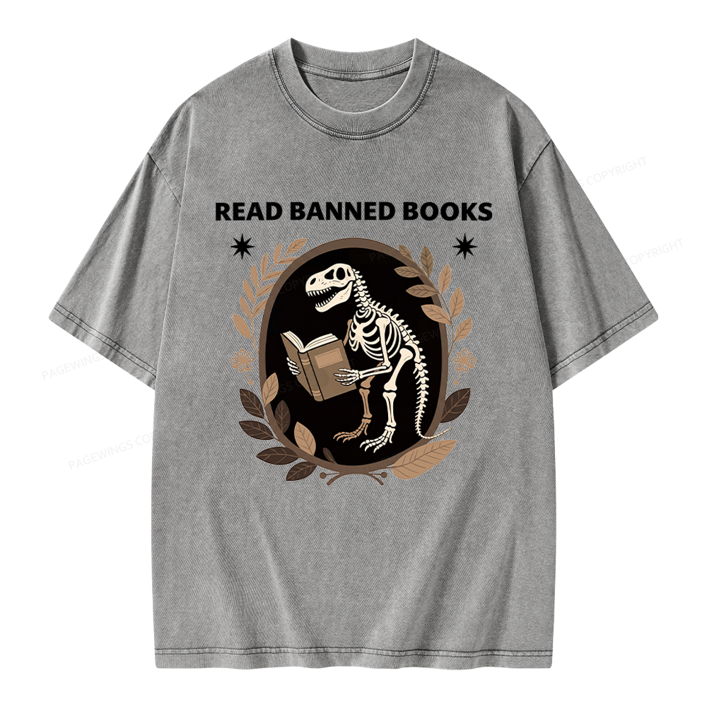 Pagewings Vintage Dinosaur Skeleton Reading Book Unisex Washed T-shirt