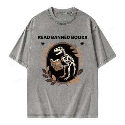 Pagewings Vintage Dinosaur Skeleton Reading Book Unisex Washed T-shirt