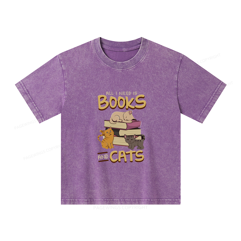 Pagewings All I Need Is Books And Cats Unisex Kids Washed T-shirt