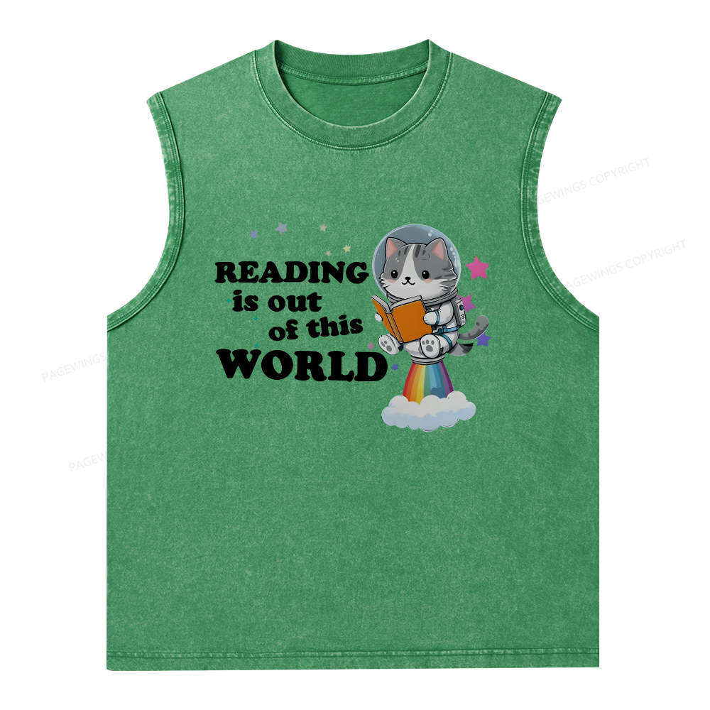Pagewings Cat Reading in Space Unisex Washed Tank Top