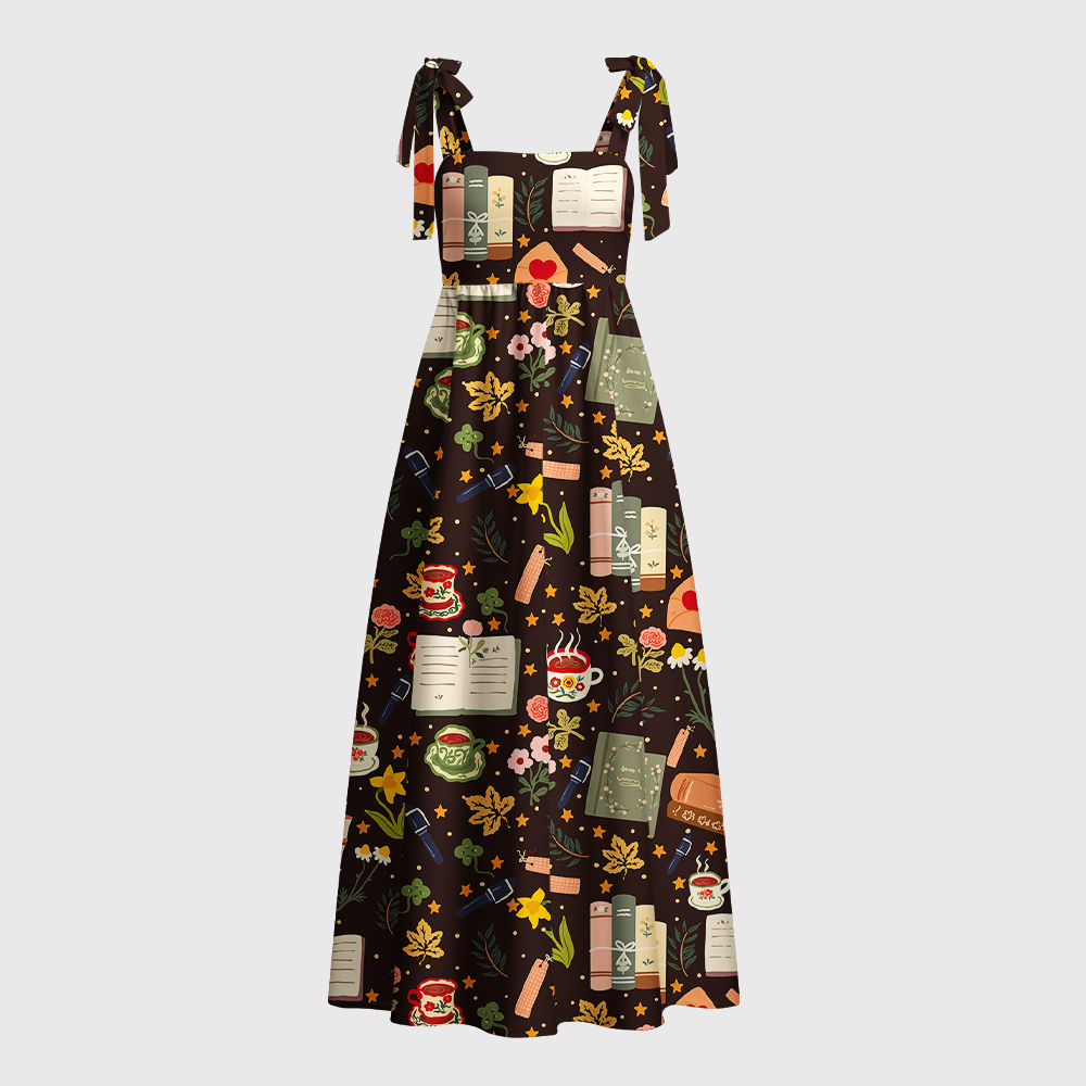 Pagewings Bohemian Book Lover Tie Shoulder Maxi Dress