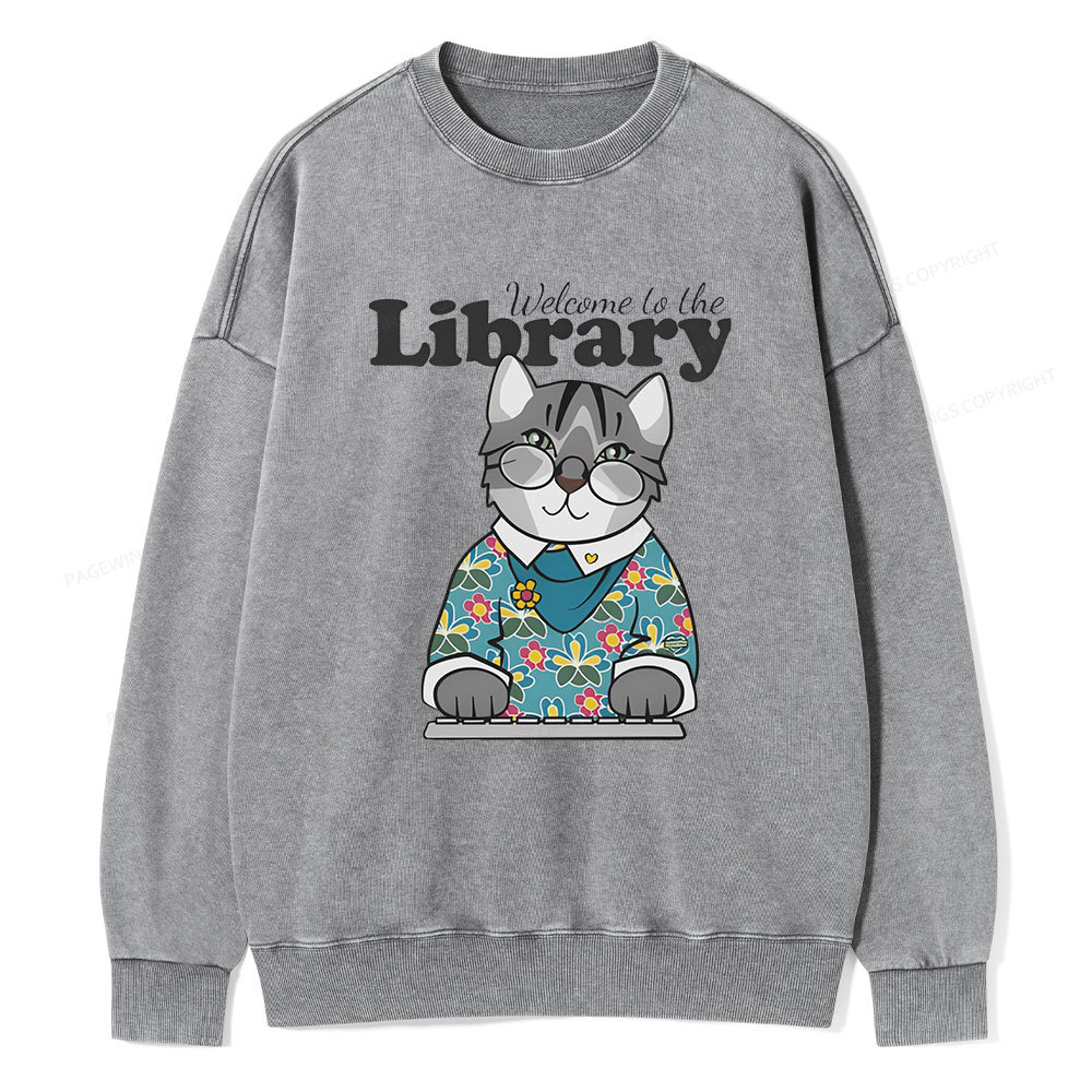 Pagewings Welcome to the Library Cat Unisex Washed Sweatshirt