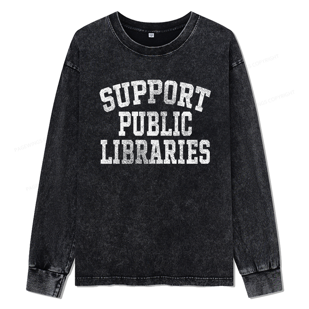 Pagewings Support Public Libraries Unisex Washed Long Sleeve T-shirt