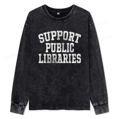 Pagewings Support Public Libraries Unisex Washed Long Sleeve T-shirt