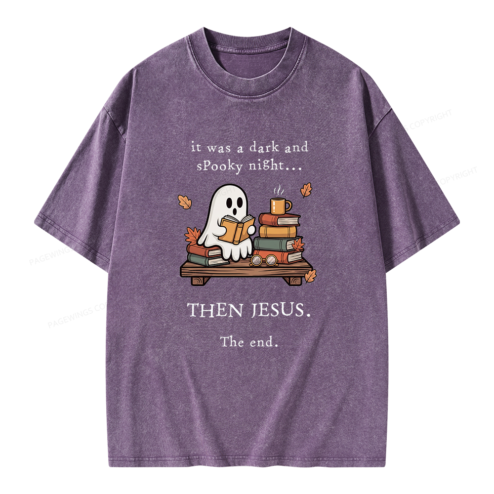 Pagewings Funny Fall Reading Ghost Unisex Washed T-shirt