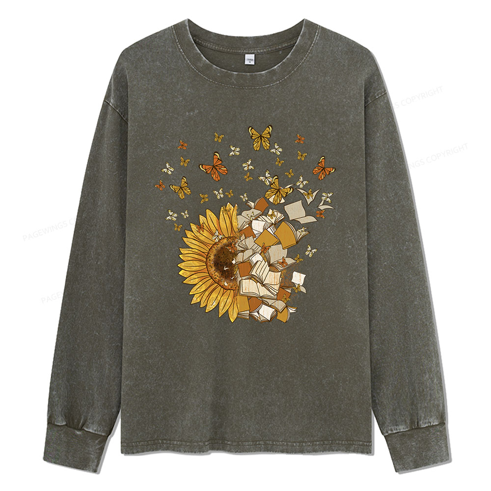 Pagewings Sunflower And Book Harmony Unisex Washed Long Sleeve T-shirt