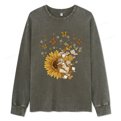 Pagewings Sunflower And Book Harmony Unisex Washed Long Sleeve T-shirt