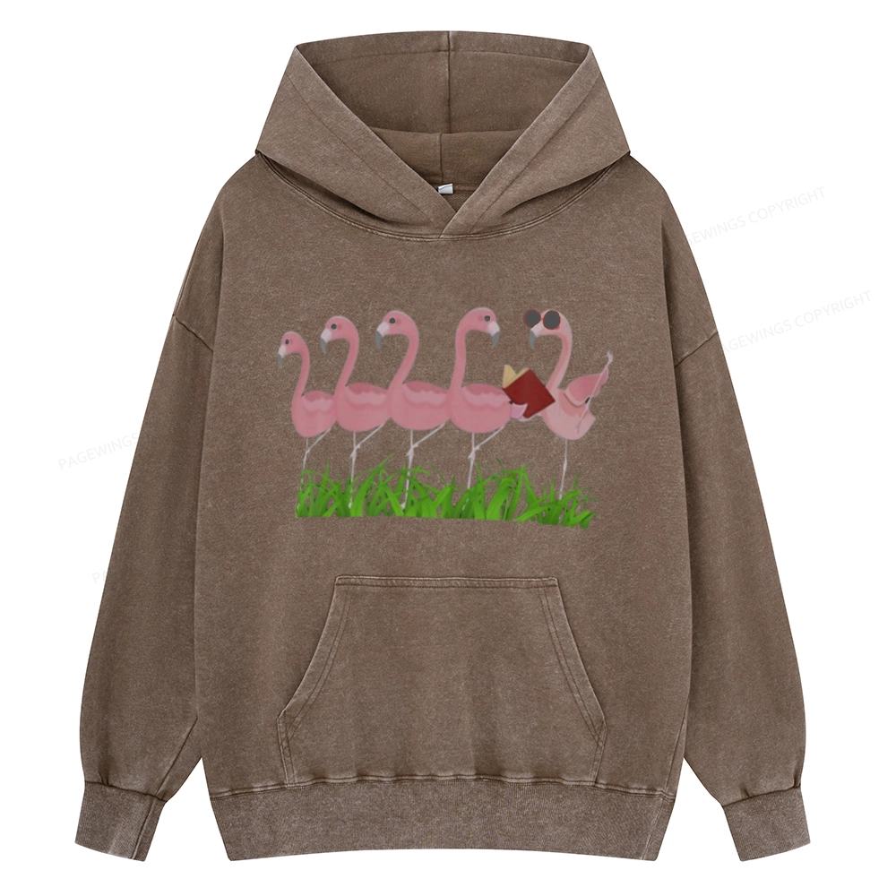 Pagewings  Funny Flamingo Reading Book Unisex Washed Hoodie