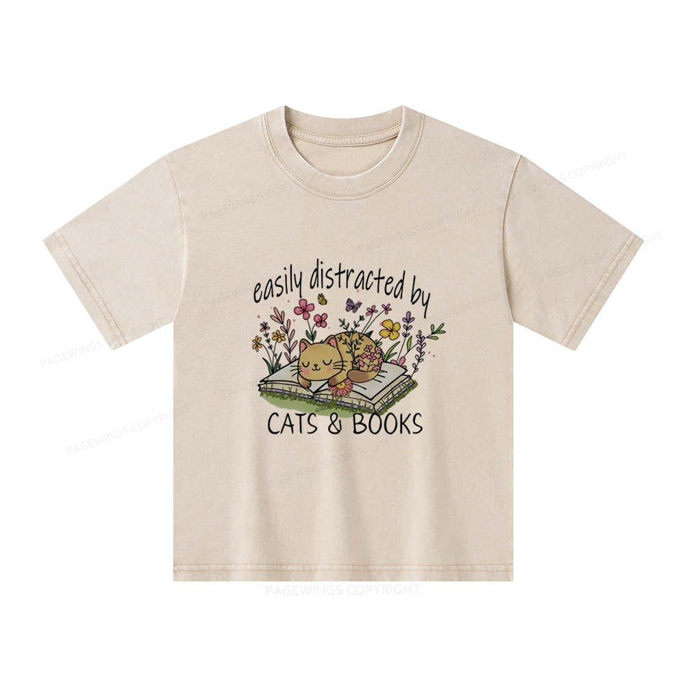 Pagewings Easily Distracted By Cats And Books Unisex Kids Washed T-shirt