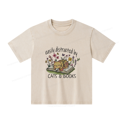 Pagewings Easily Distracted By Cats And Books Unisex Kids Washed T-shirt