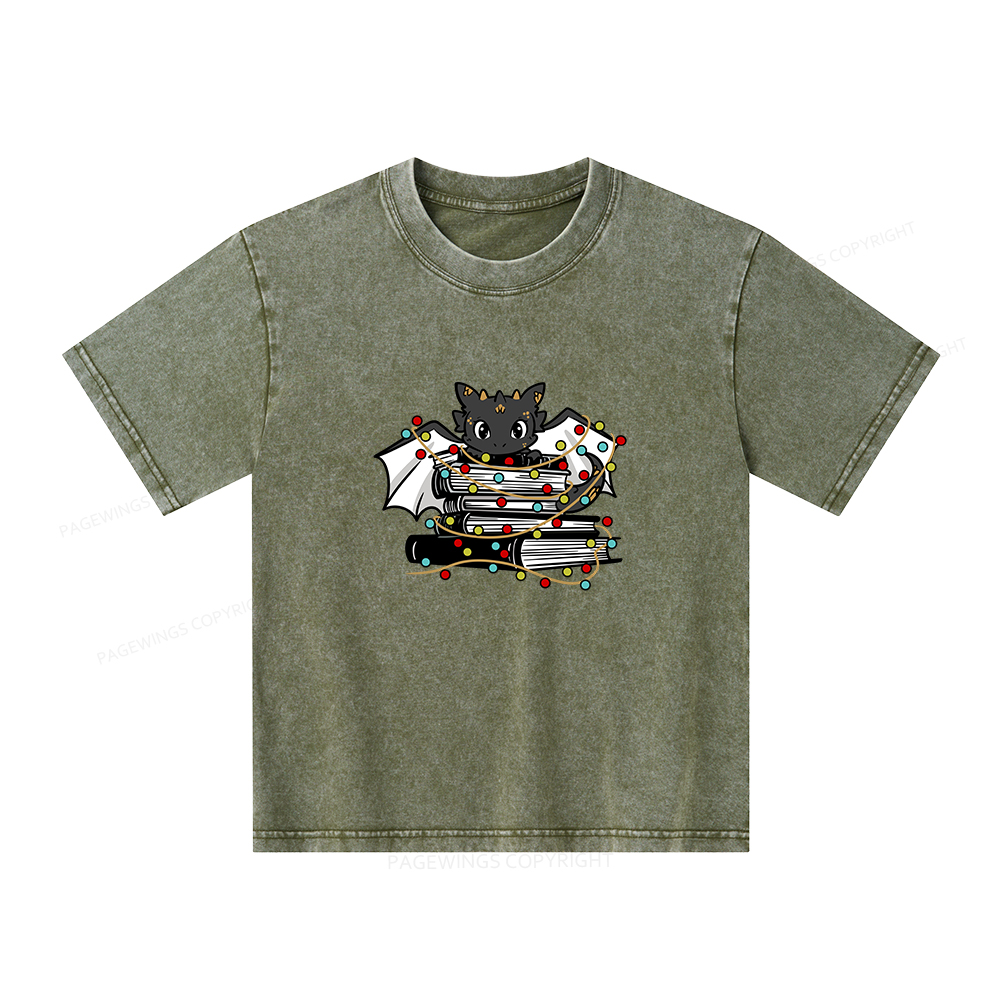Pagewings Cute Book Dragon Holiday Unisex Kids Washed T-shirt