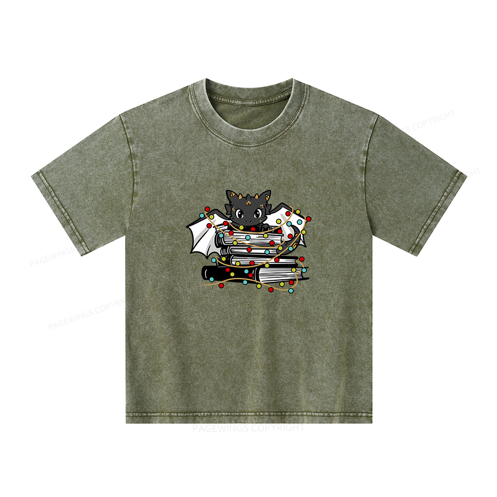 Pagewings Cute Book Dragon Holiday Unisex Kids Washed T-shirt