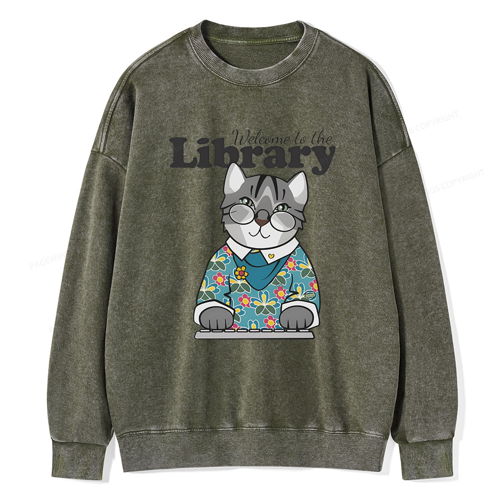 Pagewings Welcome to the Library Cat Unisex Washed Sweatshirt