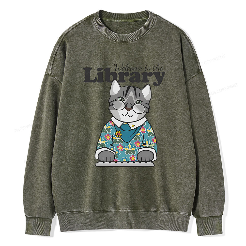 Pagewings Welcome to the Library Cat Unisex Washed Sweatshirt
