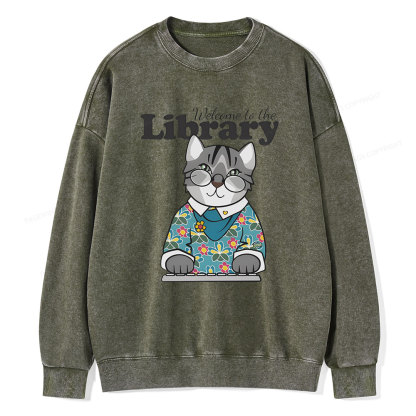 Pagewings Welcome to the Library Cat Unisex Washed Sweatshirt