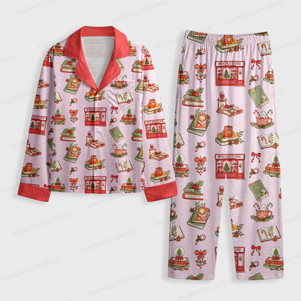 Pagewings Christmas Book Store Unisex Button-Up Pajama Set