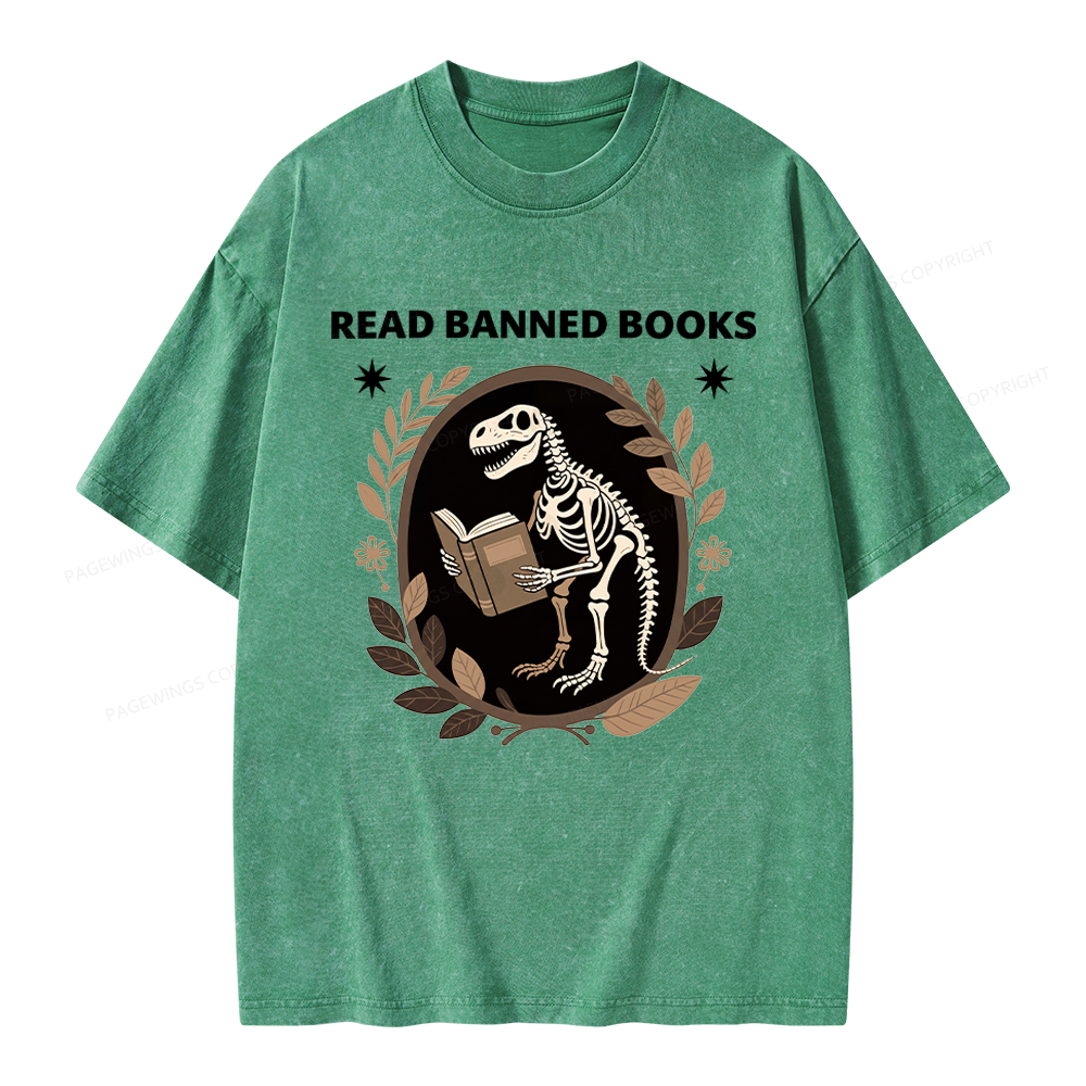 Pagewings Vintage Dinosaur Skeleton Reading Book Unisex Washed T-shirt