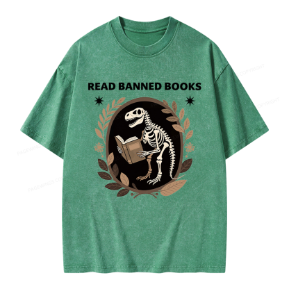 Pagewings Vintage Dinosaur Skeleton Reading Book Unisex Washed T-shirt