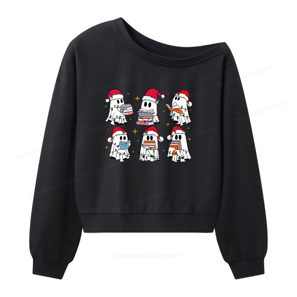 Pagewings Christmas Book Ghost  Women Off  Shoulder Sweatshirt