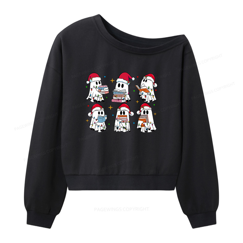 Pagewings Christmas Book Ghost  Women Off  Shoulder Sweatshirt