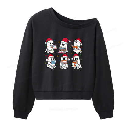 Pagewings Christmas Book Ghost  Women Off  Shoulder Sweatshirt