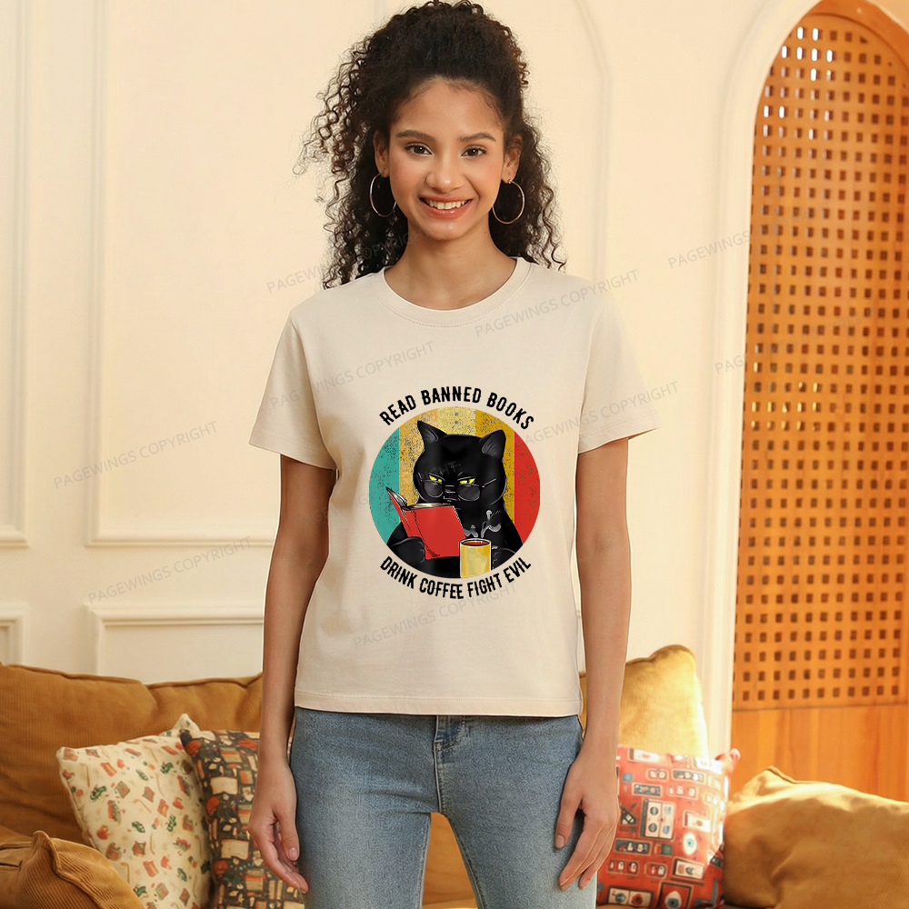 Pagewings Read Banned Books Drink Coffee Fight Evil Retro Cat Lovers Women's Washed T-shirt
