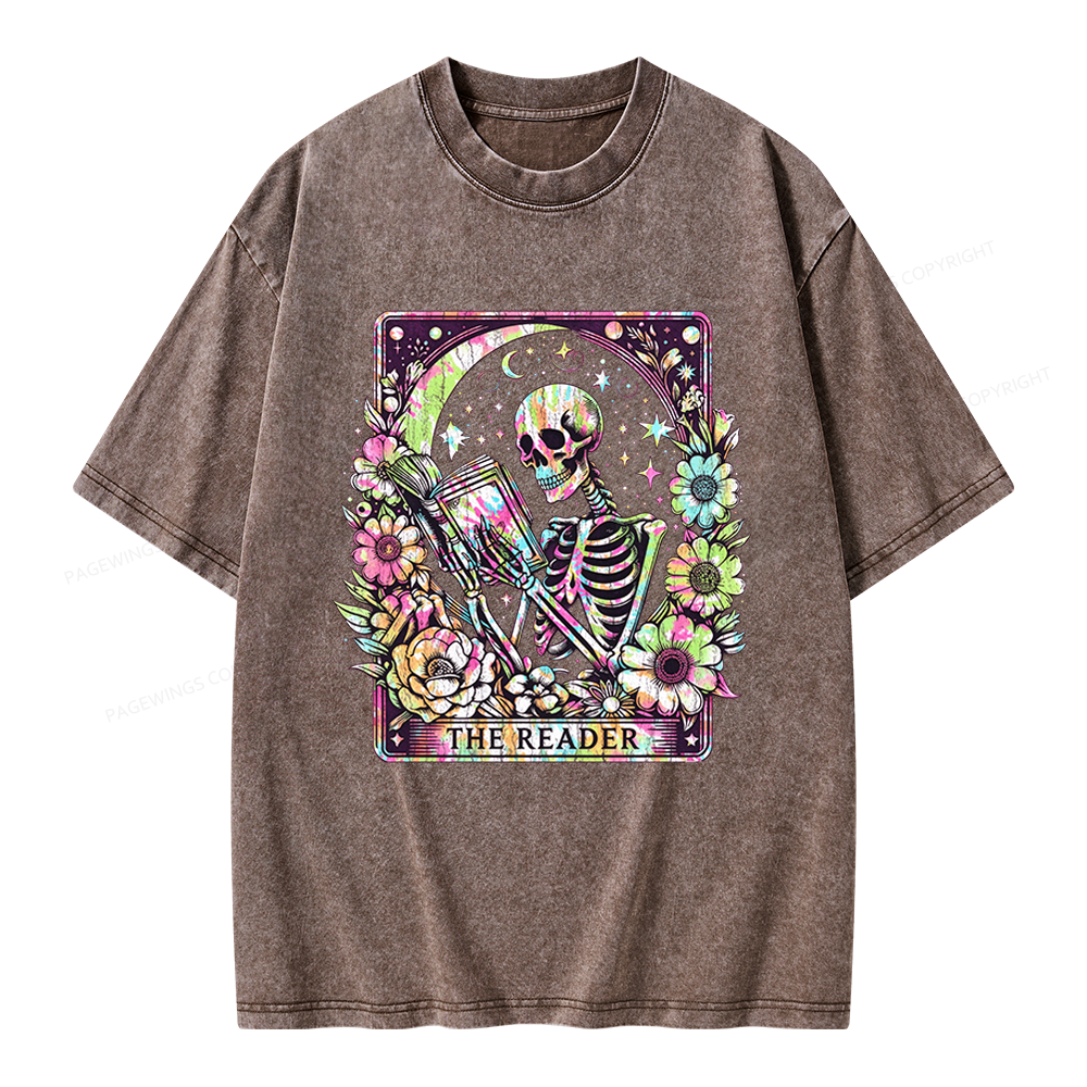 Pagewings The Reader Tarot Card Skeleton Reading Unisex Washed T-shirt