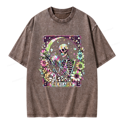 Pagewings The Reader Tarot Card Skeleton Reading Unisex Washed T-shirt