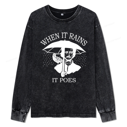 Pagewings When It Rains It Poes Unisex Washed Long Sleeve T-shirt