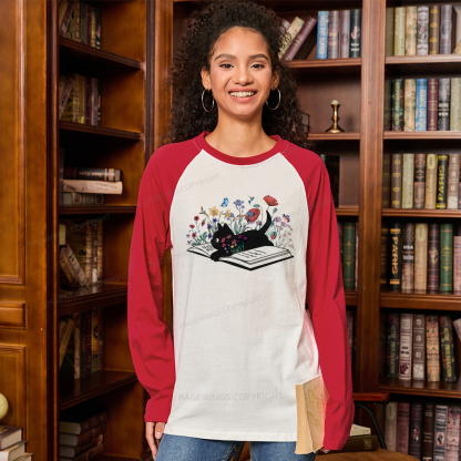 Pagewings Cute Book Cat Long Sleeve Raglan T-shirt