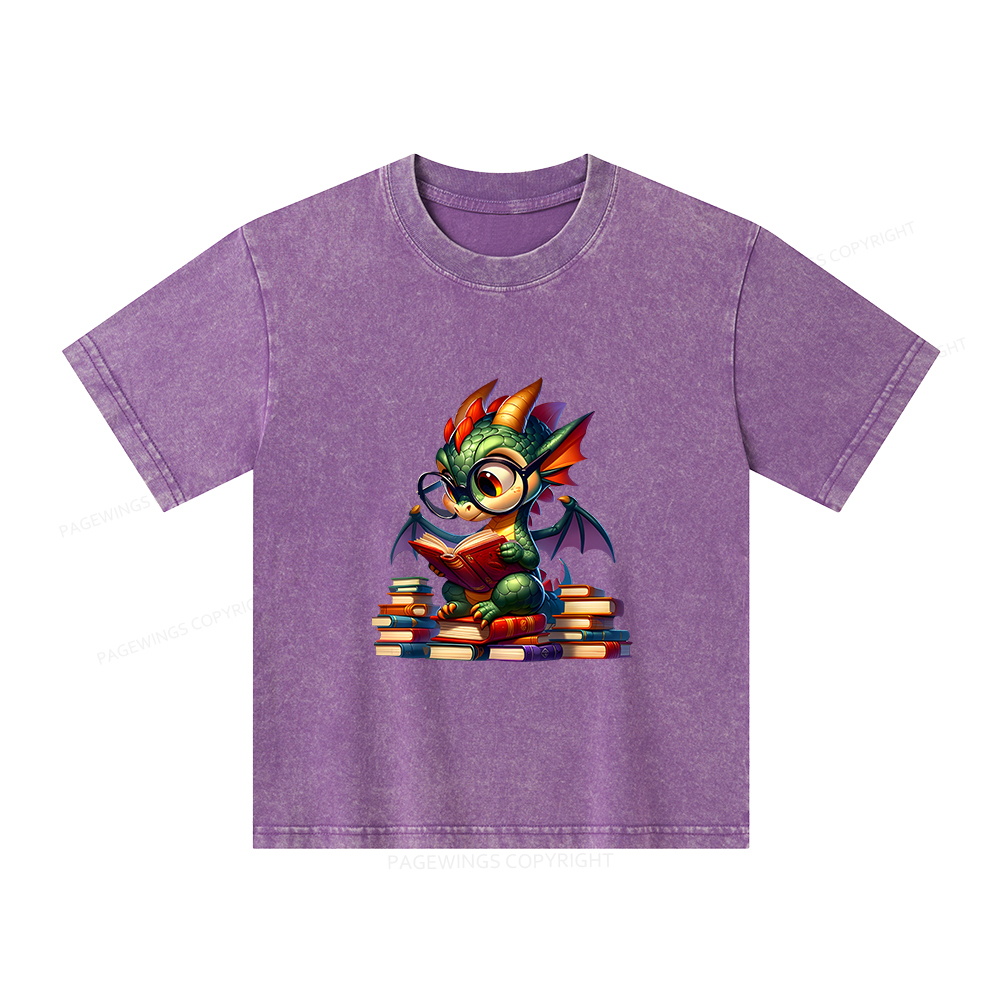 Pagewings Dragon And Books Unisex Kids Washed T-shirt