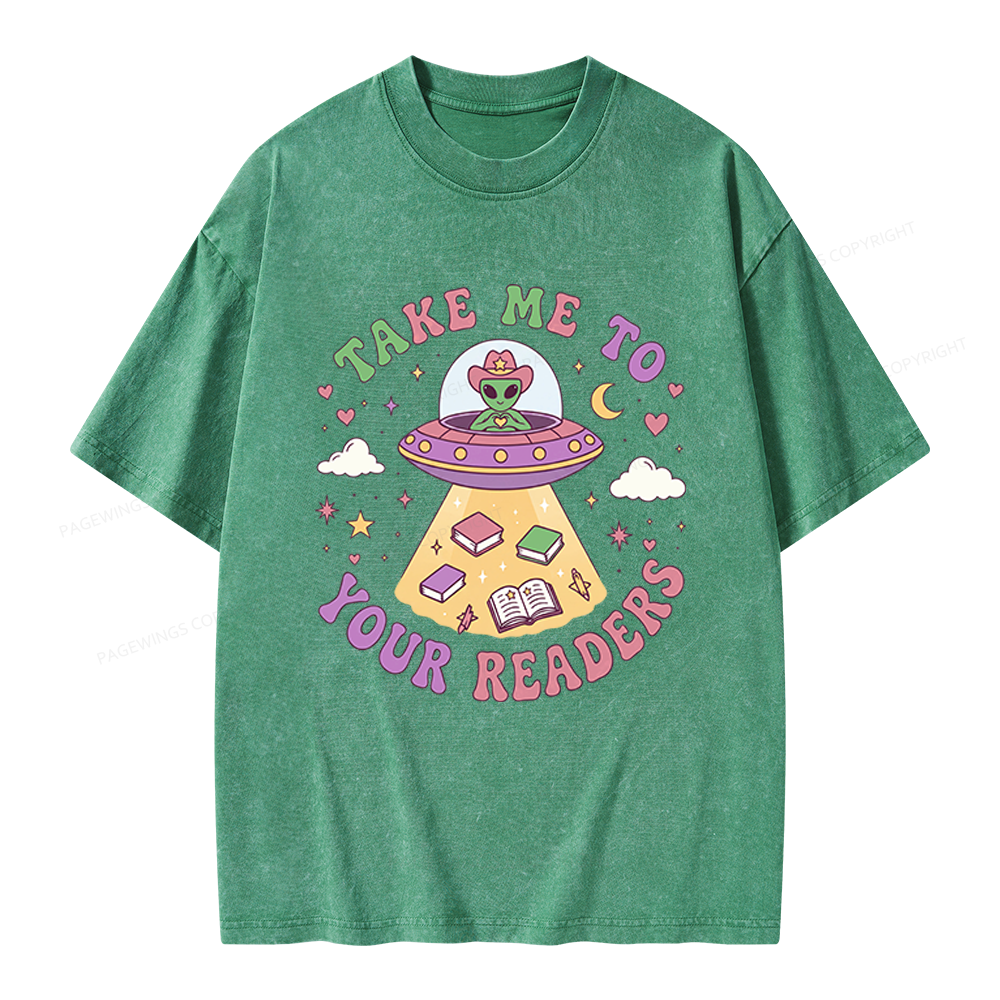 Pagewings Cute Alien Reading Unisex Washed T-shirt