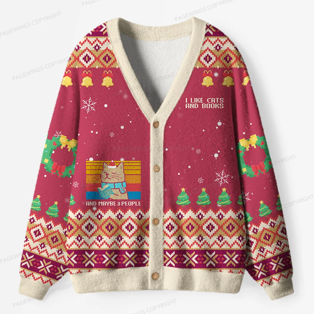 Pagewings I Like Cats And Books And Maybe 3 People Unisex Ugly Cardigan Sweaters