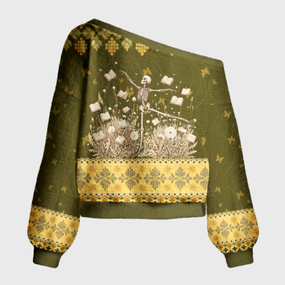 Pagewings Dandelion Skull Off Shoulder Ugly Knit Sweater