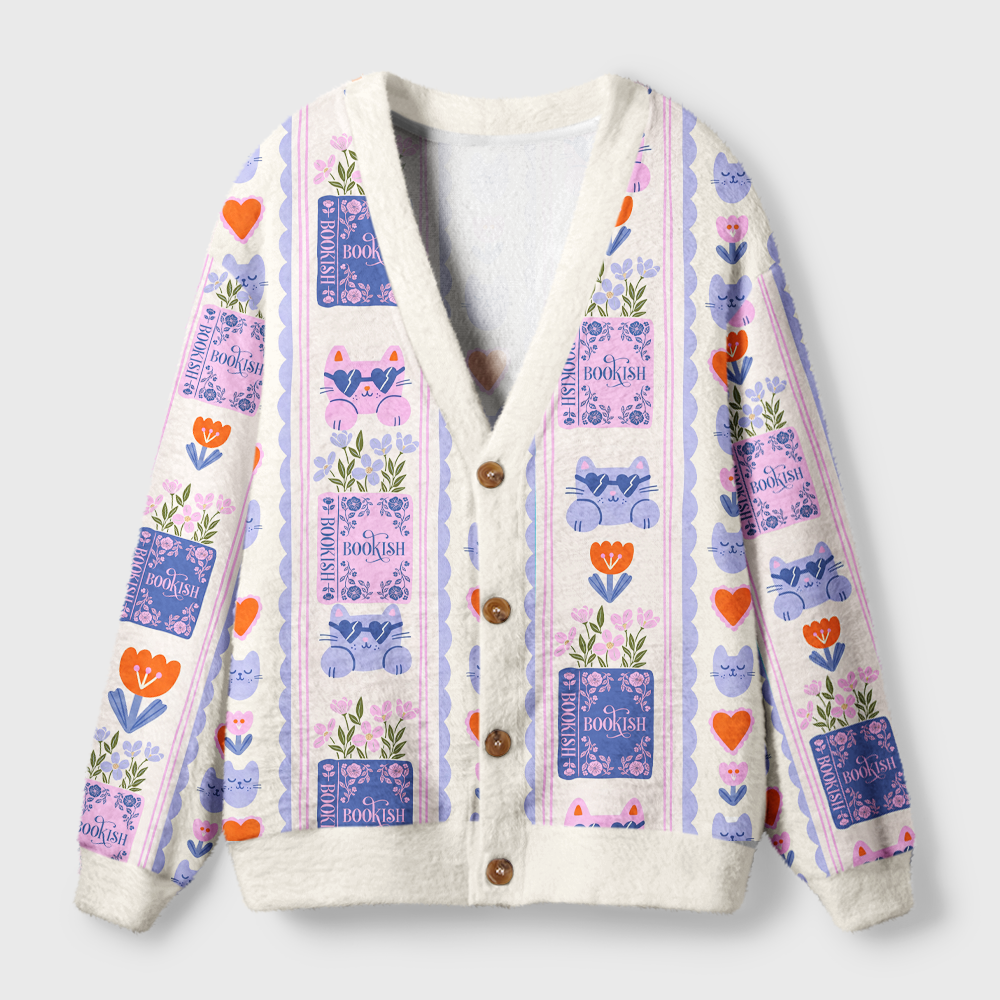 Pagewings Cat Book Lover Light Knit Unisex Cardigan Sweaters