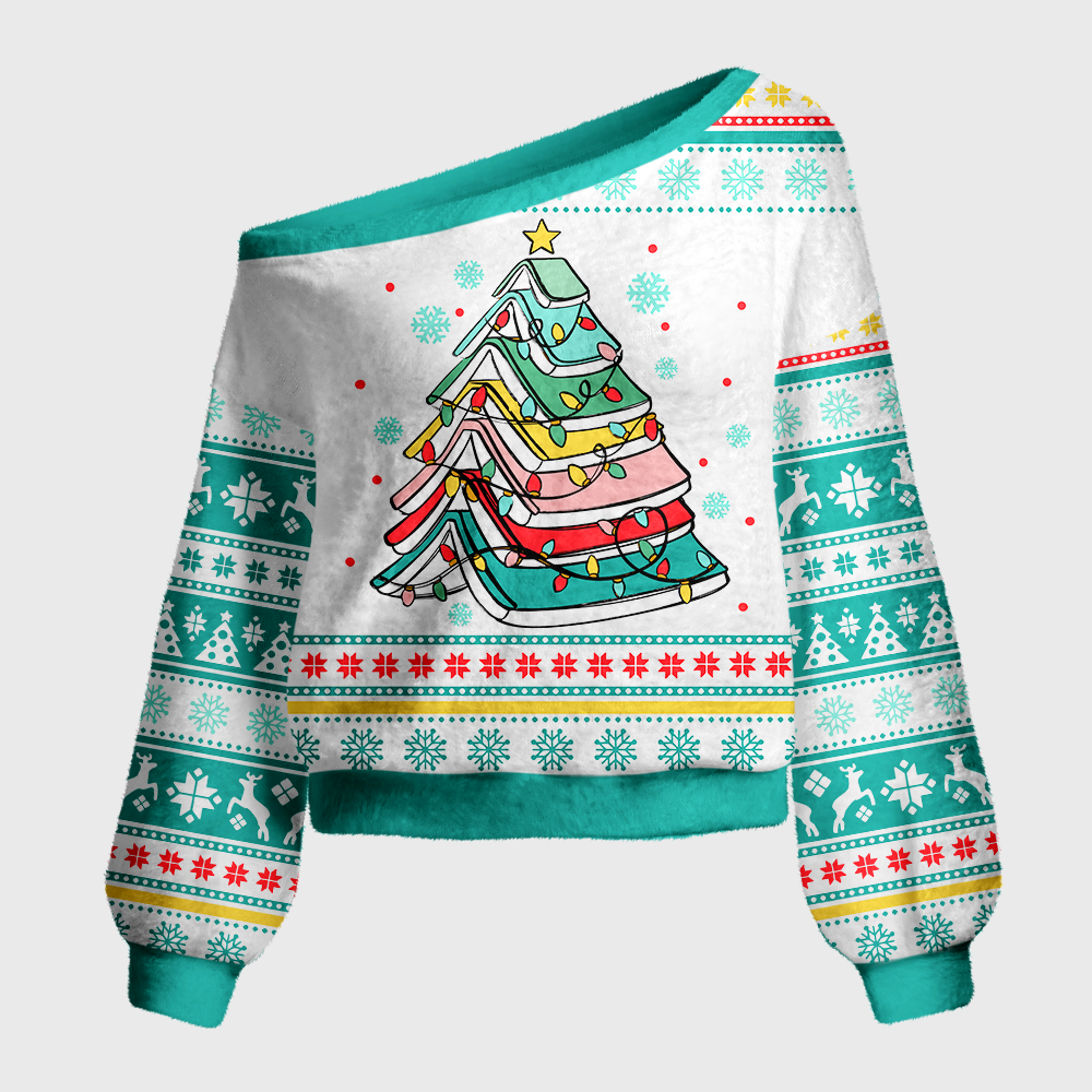Pagewings Christmas Tree Made Of Books Off Shoulder Ugly Knit Sweater