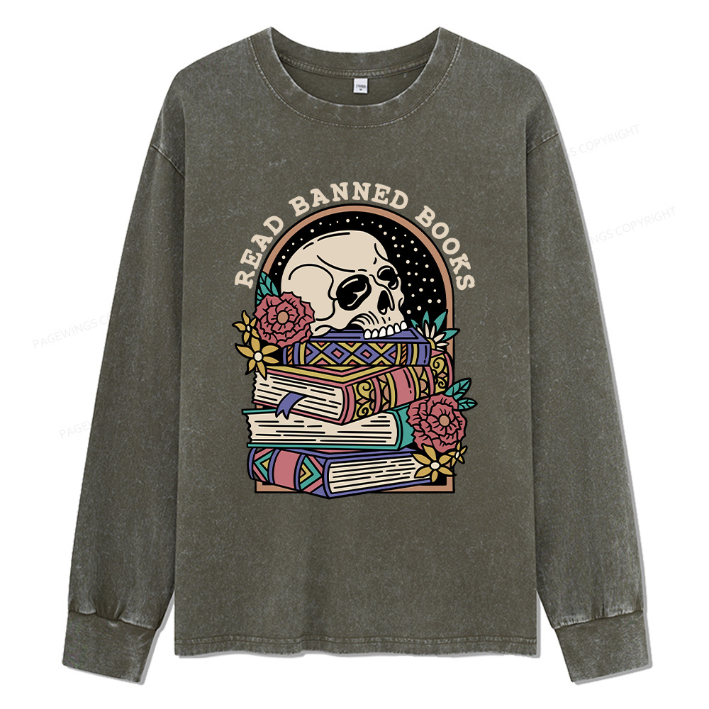 Pagewings Read Banned Book Floral Unisex Washed Long Sleeve T-shirt