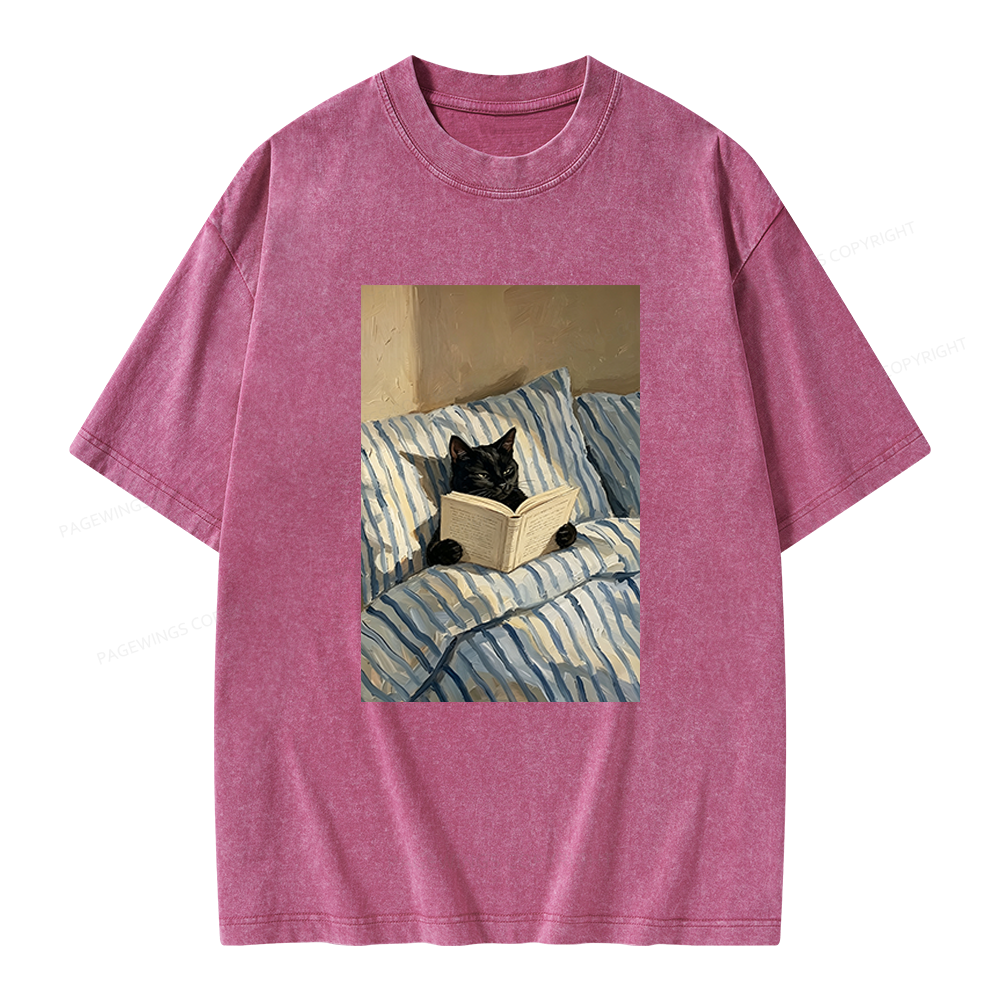 Pagewings Black Cat Reading in Bed Unisex Washed T-shirt