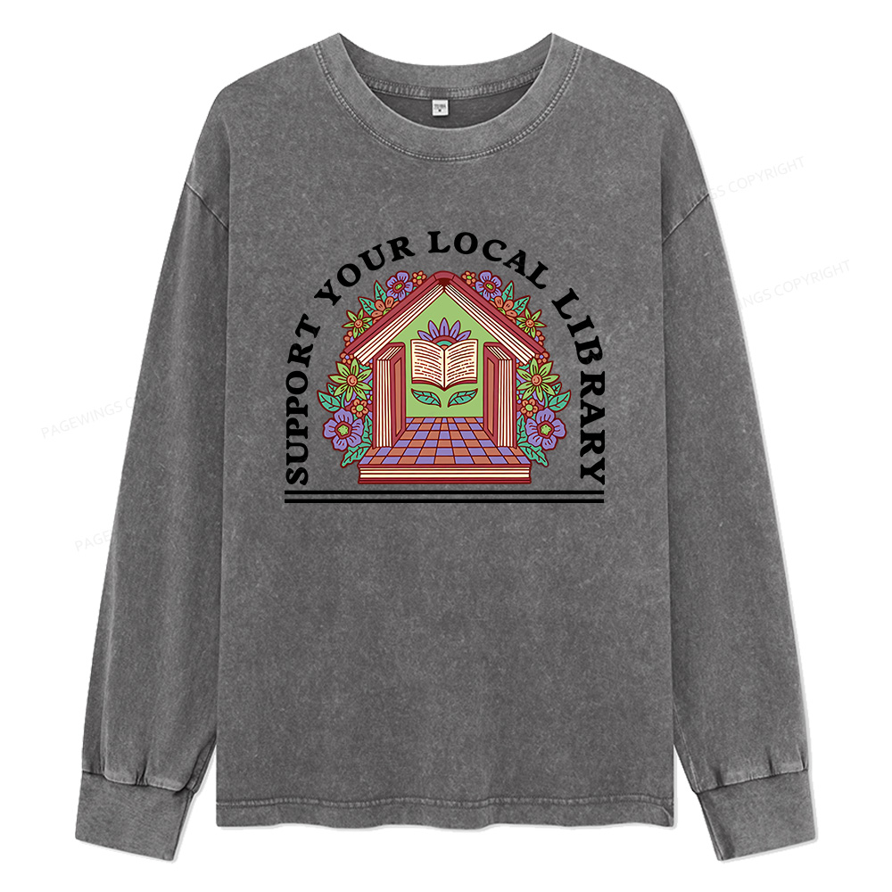 Pagewings Support Your Local Library Unisex Washed Long Sleeve T-shirt