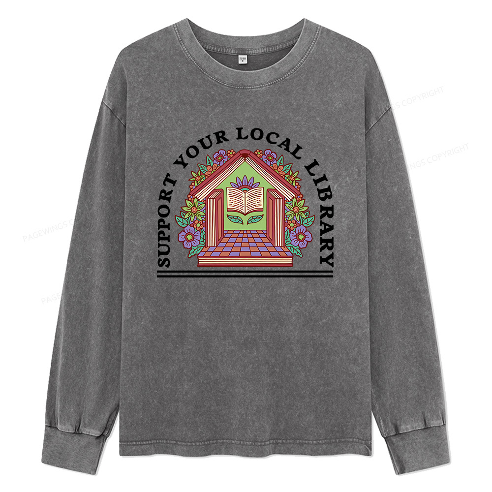 Pagewings Support Your Local Library Unisex Washed Long Sleeve T-shirt