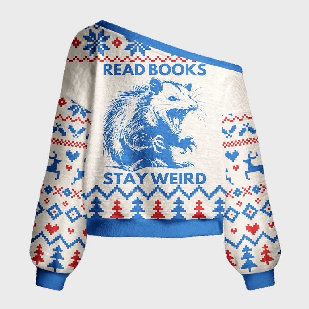Pagewings Read Books Stay Weird Off Shoulder Ugly Knit Sweater